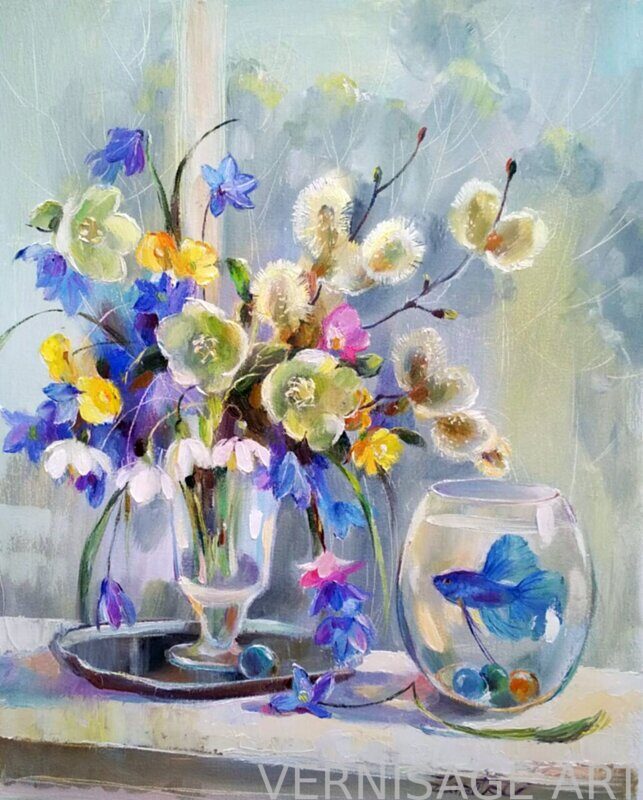 Татьяна Зарецкая "Синие льдинки волшебницы весны", 2023, 50*40, холст на подрамнике, масло